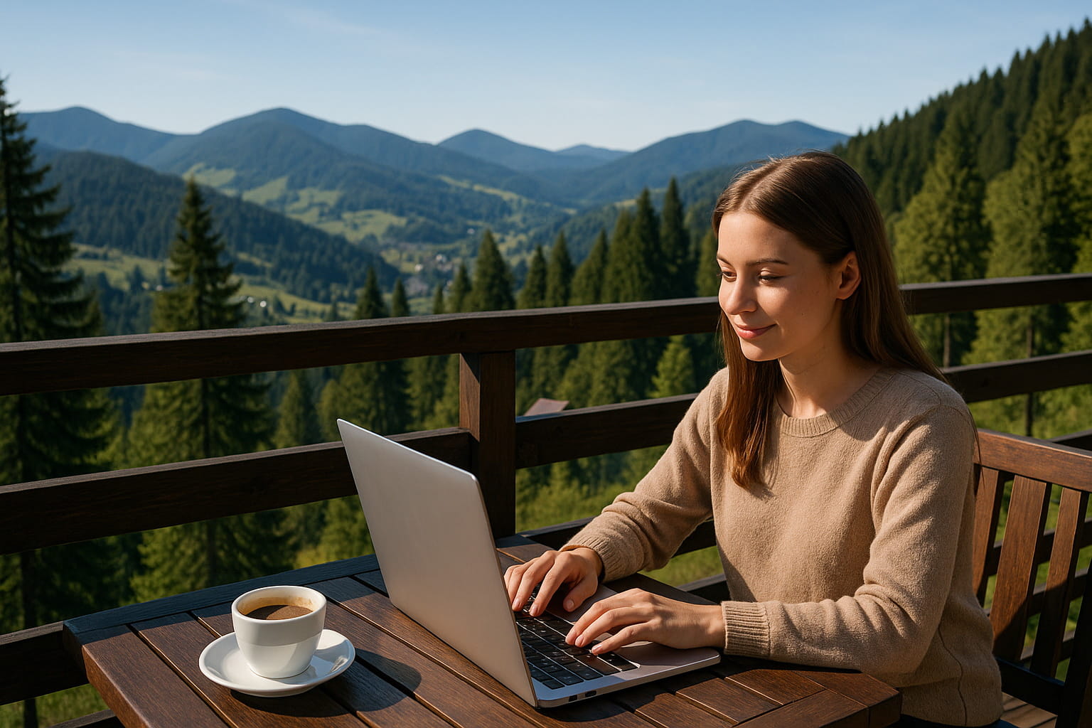 В Карпатах - приходить натхнення! Віддалена робота в Карпатах з ноутбуком та кавою на терасі
