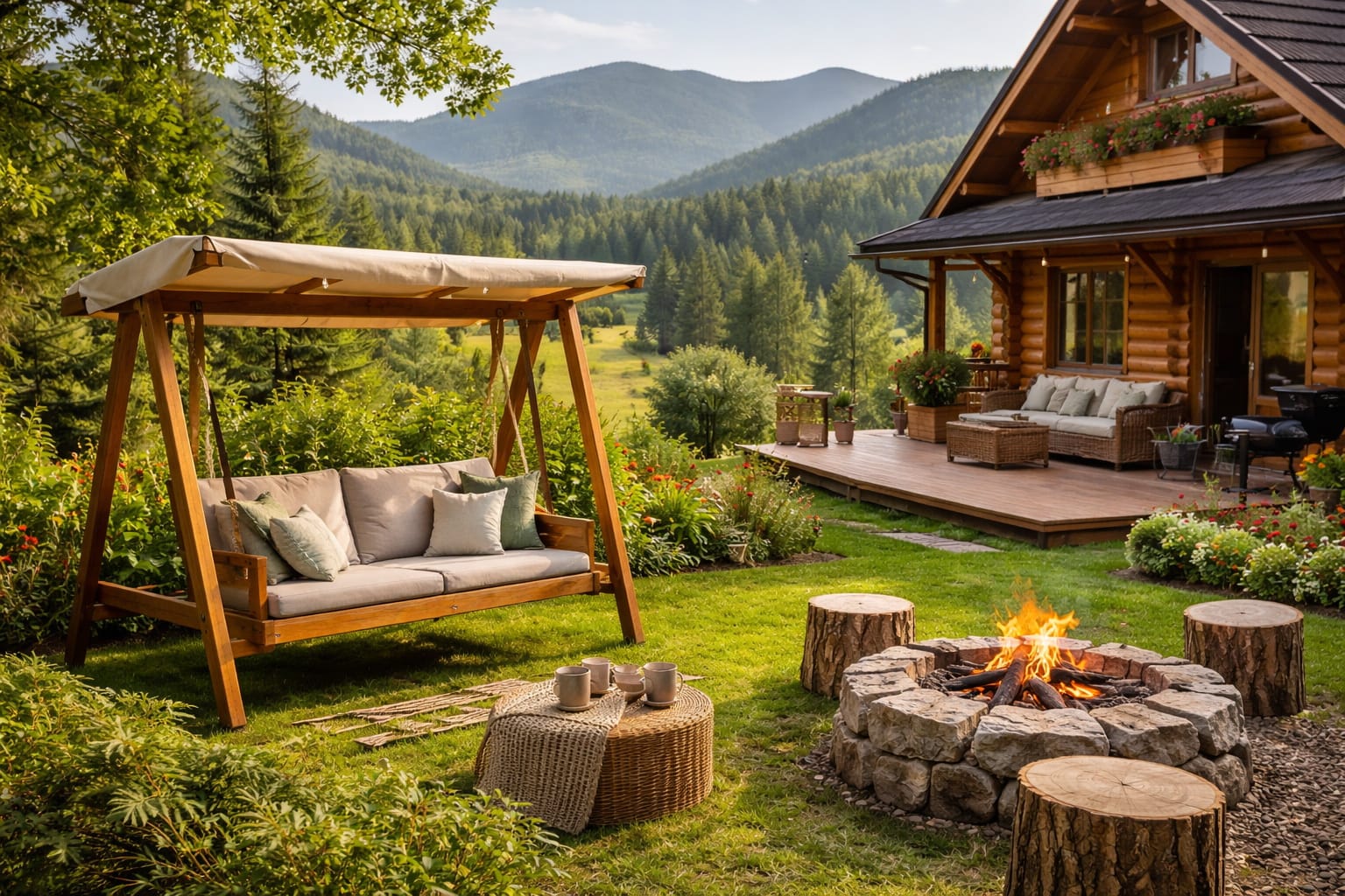 Затишна територія довкола котеджу із гойдалкою Затишна територія довкола котеджу із гойдалкою